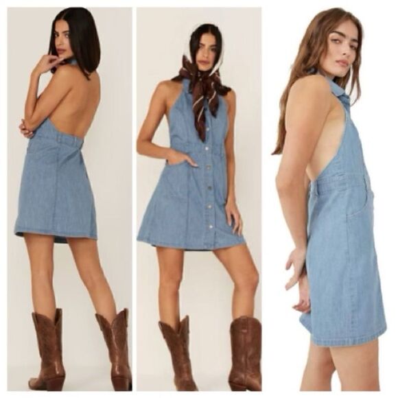 NWT Free People Sami Mini Dress Denim Blue Dress Halter Open Back Button Down L - Picture 1 of 11